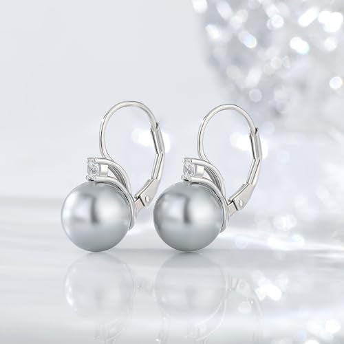 925 Sterling Silver Pearl Leverback Earrings for Women Cubic Zirconia Pearl Jewelry 10MM - color: A: Leverback-Light Gray