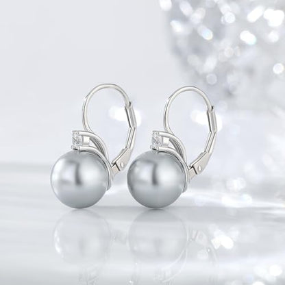 925 Sterling Silver Pearl Leverback Earrings for Women Cubic Zirconia Pearl Jewelry 10MM - color: A: Leverback-Light Gray
