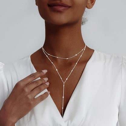 Luxval Lariat Gold Necklace for Women, Dainty Long Necklace 14k Gold Plated/Silver Y-Shaped Pendant Necklaces Trendy Beaded Chain Drop Necklaces Jewelry for Women Gifts - color: Silver-Y Layered Shinny Necklace