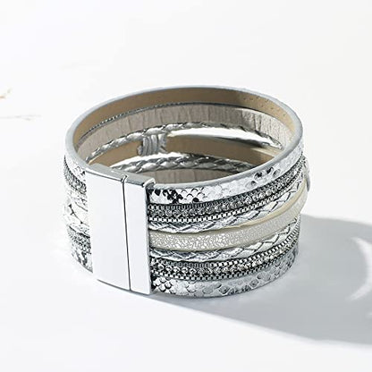 Vercret Leather Wrap Bracelet for Women, Multi-Layer Cuff Bangle | Boho Stacked Bracelets with Safe Clasp Western Bangle Jewelry Gift for Lady and Mom Sister Friend - style: Blessed