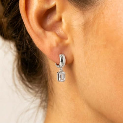 Gold Chunky Dangle Earrings for Women, Bezel Set Cubic Zirconia Charm | 14K Gold Silver Plated, Statement Huggie Hoops Drop Earrings, Trendy Jewelry Gifts, High Grade CZ, Hypoallergenic Lightweight - color: SL-Rectangular CZ Hoop