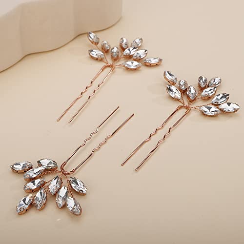 Teyglen 3pcs Bridal Crystal Hair Pins Rhinestones Hair Pieces Simple Crystal Wedding Hair Accessories Handmade Hair Pins for Women Bride Girls (Rose Gold) - color: Rose Gold