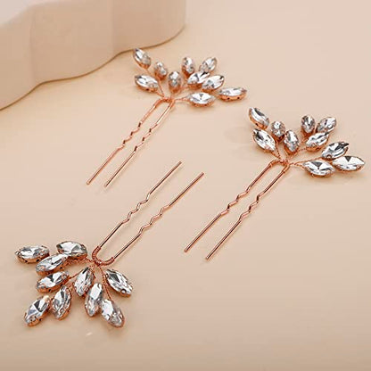 Teyglen 3pcs Bridal Crystal Hair Pins Rhinestones Hair Pieces Simple Crystal Wedding Hair Accessories Handmade Hair Pins for Women Bride Girls (Rose Gold) - color: Rose Gold