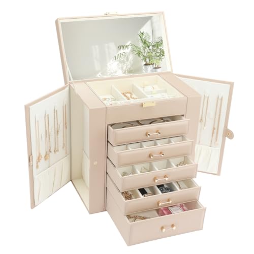 Large Jewelry Holder Organizer, 6 Layer Jewelry Box for Women Jewelry Storage Case With Handle, Gift for Christmas New Year, Apricot - color: Apricot A