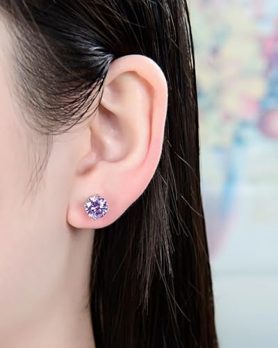 Adabele Authentic Sterling Silver Birthstone Stud Earrings 6mm 8mm Cubic Zirconia Imitation Diamond Gemstone Hypoallergenic Nickel Free Tarnish Resistant Women Fine Jewelry - color: February, size: 8mm/2 Carat/Large
