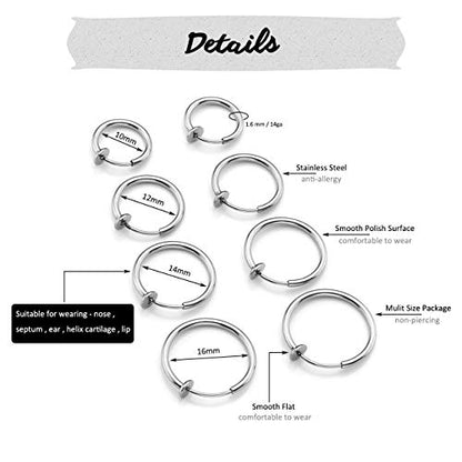 PiercingJ 8pcs Mixed Size Stainless Steel 14G Fake Nose Ring Spring Hoop, Clip On Earrings Fake Septum Cartilage Earrings Lip Ring Non Piercing Hoop Faux Body Piercing Jewelry 10-16mm