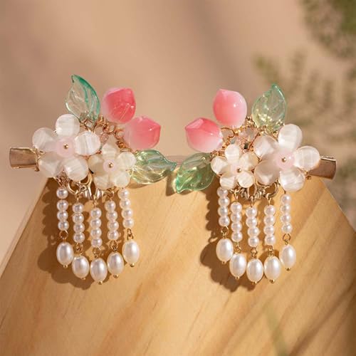 A Pair Wedding Hair Clips, Handmade Floral Design Crystal Hair Clips Pearl Barrettes, Rhinestones Flower Clips Pearl Headpieces Hair Pins Hair Accessories for Women Girls (White Peach) - color: White Peach