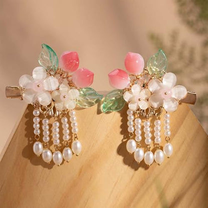 A Pair Wedding Hair Clips, Handmade Floral Design Crystal Hair Clips Pearl Barrettes, Rhinestones Flower Clips Pearl Headpieces Hair Pins Hair Accessories for Women Girls (White Peach) - color: White Peach