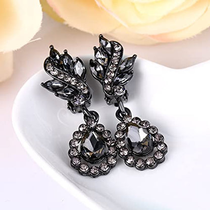 EleQueen Women's Austrian Crystal Art Deco Tear Drop Dangle Earrings Clip-on - color: 05-Black-tone Black