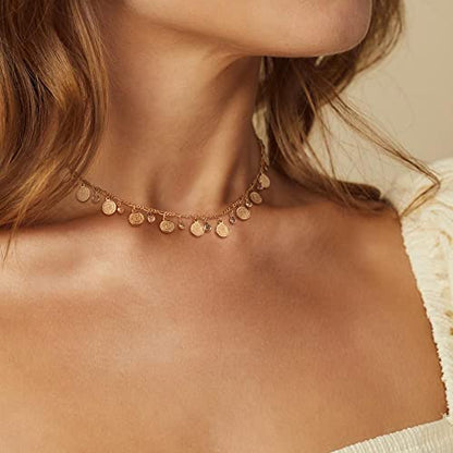 MTMY Beaded Necklaces for Women 14K Gold Plated Dainty Colorful Green/Rose Beaded Pearl Choker Necklace Delicate Boho Choker Necklace Jewelry Gift - style: Coin cz tassel