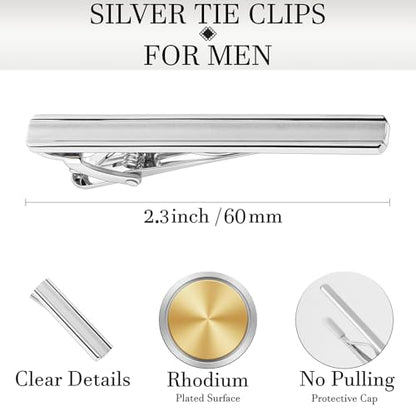 HAWSON Light Gold Silver Tie Clips for Mens Necktie, Elegant Satin Tie Bars Pins Tacks, Suit Tie Accessories Business Wedding Gifts - style: Light Silver Classic 1 (Concave Middle)