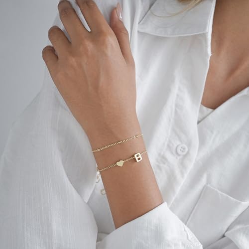 Gold Initial Bracelets for Women Trendy, Dainty Layered 14K Gold Plated Heart Letter Charm Bracelets, letter beads for name bracelets Jewelry Gifts - color: Gold-B