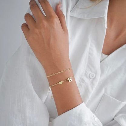Gold Initial Bracelets for Women Trendy, Dainty Layered 14K Gold Plated Heart Letter Charm Bracelets, letter beads for name bracelets Jewelry Gifts - color: Gold-B