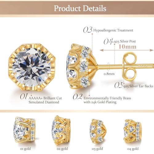 Hypoallergenic Cubic Zirconia Stud Earrings for Women & Men 24K Gold Plated Sterling Silver Post, CZ Simulated Diamond Halo Studs Sensitive Ear Friendly Gift (ED-31) - color: Gold 03