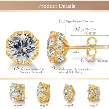 Hypoallergenic Cubic Zirconia Stud Earrings for Women & Men 24K Gold Plated Sterling Silver Post, CZ Simulated Diamond Halo Studs Sensitive Ear Friendly Gift (ED-31) - color: Gold 03