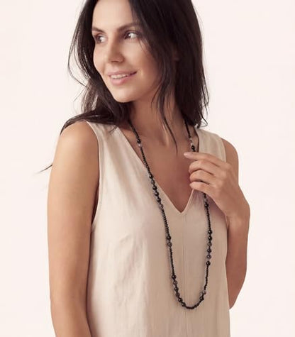 Long Beaded Necklaces for Women Pearl Stone Bead Strand - Layered Sweater Chain Elegant Mother's Day Jewelry Gifts - color: Black