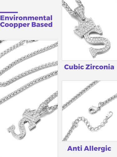 Richsteel Silver Crown Initial A-Z Letter Pendant Necklace for Men Women | Cubic Zirconia Monogram, 316L Steel Chain, 22" + 2" Extender,Hypoallergenic,Gift Box, Hip Hop Jewelry - style: S