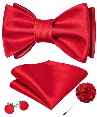 YOHOWA Bow Ties for Men Self-tied Silk Bowtie Solid Color with Lapel Pin and Handkerchief Cufflinks for Wedding Party Prom - color: Red Soild