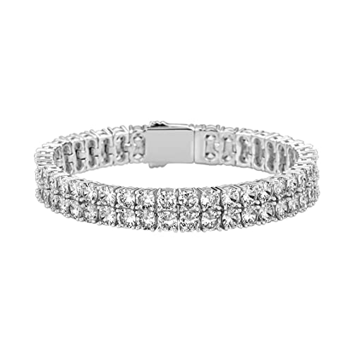 JINAO 2-Row Tennis Bracelet for Men & Women, 14K Gold Plated Brass, Iced-Out Cubic Zirconia Chain, Unisex Hip-Hop Style - color: 9" Silver
