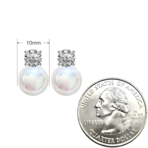 Faux Pearl Cubic Zirconia Stud Earrings, Hypoallergenic Lightweight Round Pearl Studs for Women - color: Pinkish White, size: Pearl 10mm-CZ 6mm