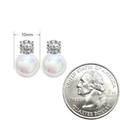 Faux Pearl Cubic Zirconia Stud Earrings, Hypoallergenic Lightweight Round Pearl Studs for Women - color: Pinkish White, size: Pearl 10mm-CZ 6mm