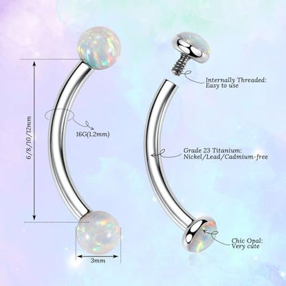 G23 Titanium Eyebrow Piercing Jewelry Eyebrow Rings Curved Barbell 16G Eyebrow Belly Button Ring Navel Rings Rook Daith Earrings Lip Ring Eyebrow Jewelry 6mm-12mm - color: 2PCS,Ball Shape White Opal+Disc Shape White Opal,Silver