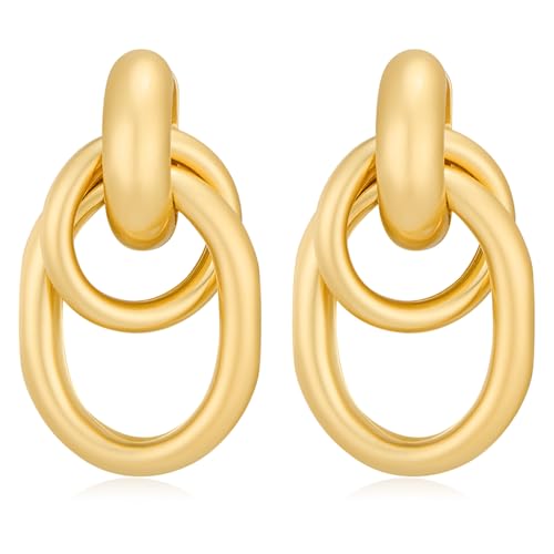 Gold Chunky Earrings for Women Geometric Knot Link Drop Dangle Earrings 14K Gold Plated Statement Earrings Trendy Gold Jewelry - color: Style 1-Matte Gold