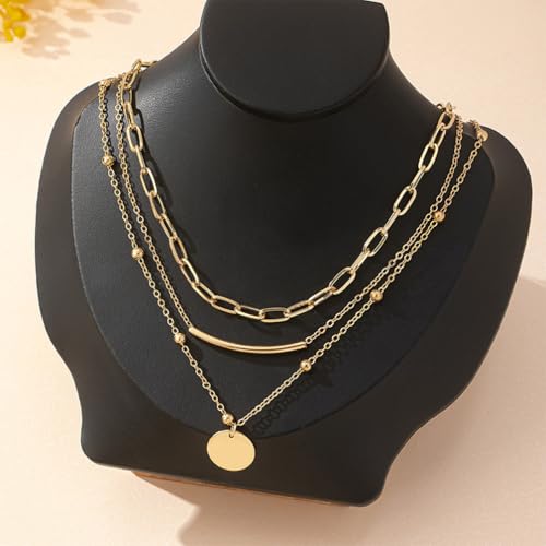 14K Gold Layered Necklaces for Women Trendy Small Bead Tube Polish Coin Pendant Choker Paperclip Chain Necklace Statement Accessory Jewelry Set Gift