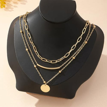 14K Gold Layered Necklaces for Women Trendy Small Bead Tube Polish Coin Pendant Choker Paperclip Chain Necklace Statement Accessory Jewelry Set Gift