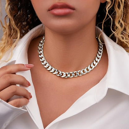 WomenGifts Cuban Link Chain Necklace for Women, Waterproof 14k Gold Silver Plated Chain Choker, Non Tarnish Stainless Steel Jewelry, 3.5/5/6/8/11mm,14/16/18 Inch Thin&Chunky&Thick - color: Silver, style: 11MM-14"