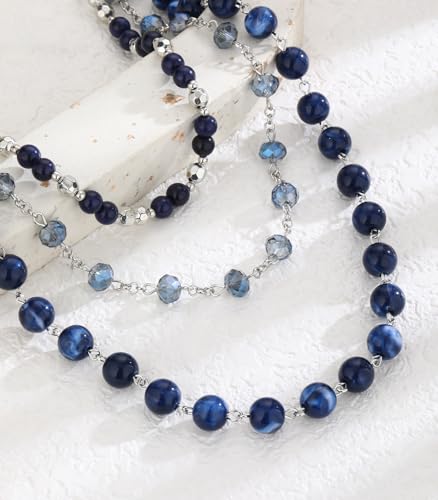 Noessla Layered Beaded Necklaces for Women - 3 Strand Boho Statement Choker Fashion Jewelry Gifts - color: Blue