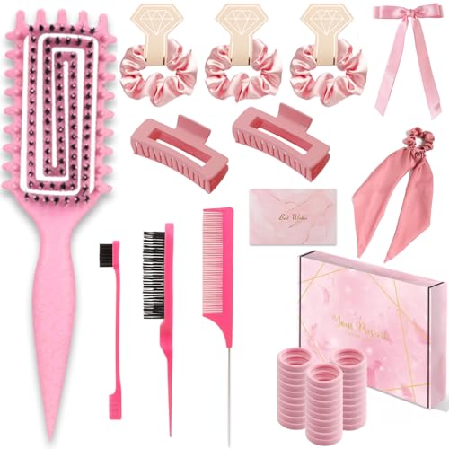 Curly Hair Brush,Curl Defining Brush,Slick Back Hair Brush,Rat Tail Comb,Edge Bristle Brush,Clip Claw,Bow,Satin Scrunchies,No Damage Hair Ties,Scarf Hair Ties,Gifts For Women,Best Gift Set(Pink) - color: Exquisite gift box（Pink)