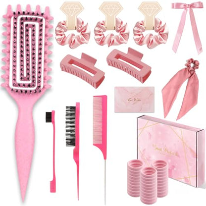 Curly Hair Brush,Curl Defining Brush,Slick Back Hair Brush,Rat Tail Comb,Edge Bristle Brush,Clip Claw,Bow,Satin Scrunchies,No Damage Hair Ties,Scarf Hair Ties,Gifts For Women,Best Gift Set(Pink) - color: Exquisite gift box（Pink)