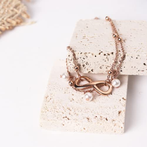 Jean Beau Infinity Beach Anklet bracelet for Women Teen Boho Waterproof Double Layered Dainty Beads Chain Charm Ankle Pearl dangling foot Jewelry Gift - color: Rose Gold