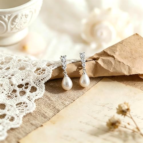 Pearl Earrings for Women, 14k Gold Plated Trendy Diamond Pearl Drop Earrings Hypoallergenic Dainty Bridal Gifts Wedding jewelry for Women - color: Silver-Pearl Style A
