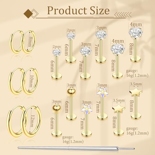 Flat Back Stud Earrings Cartilage Earrings for Women Men Hypoallergenic Threadless Flat Back Earring Surgical Steel Earring Tragus Helix Labret Lip Medusa Conch Body Piercing Jewelry - color: Gold-16G(1.2mm)