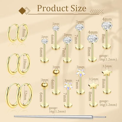 Flat Back Stud Earrings Cartilage Earrings for Women Men Hypoallergenic Threadless Flat Back Earring Surgical Steel Earring Tragus Helix Labret Lip Medusa Conch Body Piercing Jewelry - color: Gold-16G(1.2mm)