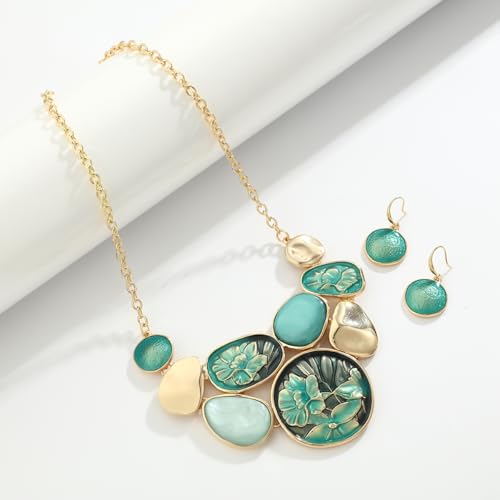 Vintage Statement Jewelry Set - Chunky Flower Floral Plant Geometric Resin Bib Necklace Earring Set Bohemian Boho Crystal Rhinestone Fashion Jewelry for Women Bridal Party Prom Unique Gift - style: MLJS2606