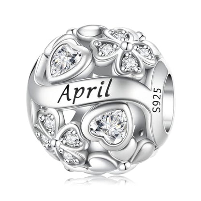 HappyStar 925 Sterling Silver Four Leaf Clover Bead Charm with Cubic Zirconia Birthstone Charms for Bracelets Dangle Pendant Compatible Pandora Bracelets Lucky Charm Birthday Gift - color: 4-April Birthstone Bead