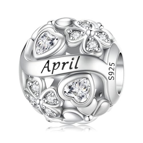 HappyStar 925 Sterling Silver Four Leaf Clover Bead Charm with Cubic Zirconia Birthstone Charms for Bracelets Dangle Pendant Compatible Pandora Bracelets Lucky Charm Birthday Gift - color: 4-April Birthstone Bead