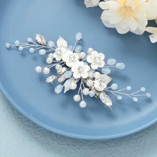 Flower Wedding Hair Clip Silver Pearl Bridal Hair Barrettes Rhinestones Hair Piece for Women and Brides