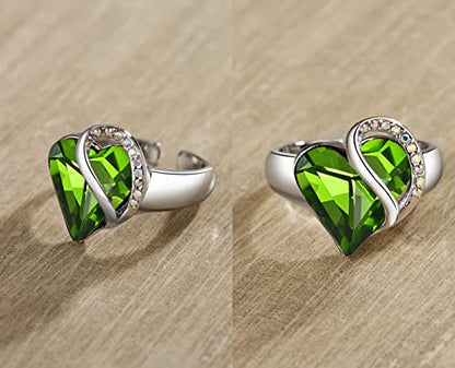 Leafael Infinity Love Women's Adjustable Crystal Heart Ring with Birthstone Crystals Healing Stones, Jewelry Gifts for Women, Birthdays Valentine's Day, Silver-Tone, Open End, Size 6.5-8 - color: 12a-August-Renewal-Peridot Green