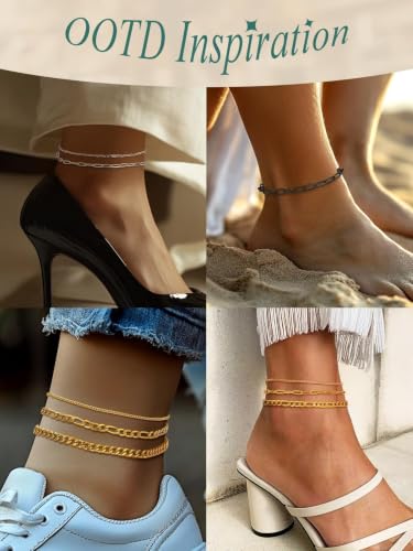 FaithHeart Waterproof Ankle Bracelets for Women, 1/2/3Pcs Non Tarnish Stainless Steel Layered Anklet Set Paperclip Figaro Cuban Link Chain Dainty Summer Beach Jewelry Gift Adjustable Size - style: d.Cuban Mixed 3Pcs - Gold