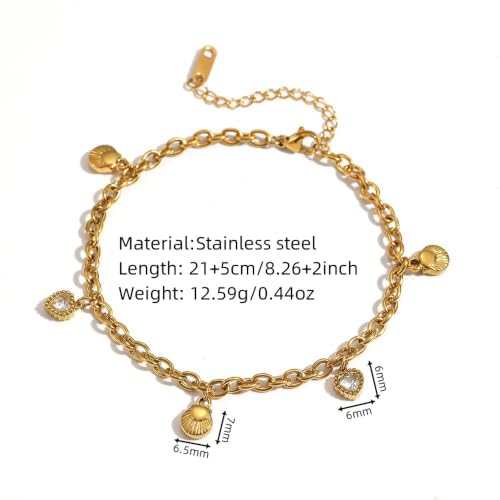 Dainty 18K Gold Plated Stainless Steel Cross Chain Anklet for Women, Adjustable 8 Inch Ankle Bracelet with 2 Inch Extension, Seashell & Heart Crystal Charms Beach Foot Jewelry for Vacation Party Daily Heels