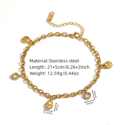 Dainty 18K Gold Plated Stainless Steel Cross Chain Anklet for Women, Adjustable 8 Inch Ankle Bracelet with 2 Inch Extension, Seashell & Heart Crystal Charms Beach Foot Jewelry for Vacation Party Daily Heels