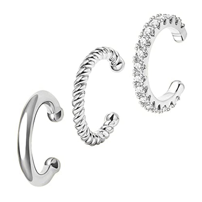 3Pcs 14K Gold Plated Cubic Zirconia Ear Cuffs for Non Pierced Ears Women, Hypoallergenic Sparkling Round Huggie Cartilage Earring Jewelry Gifts - color: silver