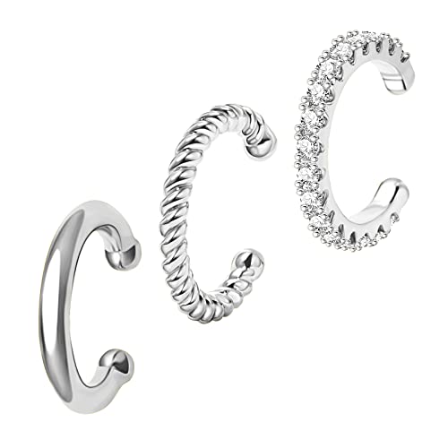 3Pcs 14K Gold Plated Cubic Zirconia Ear Cuffs for Non Pierced Ears Women, Hypoallergenic Sparkling Round Huggie Cartilage Earring Jewelry Gifts - color: silver