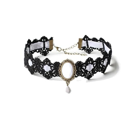 CSIYANJRY99 Gothic Choker Necklace for Women Halloween Red Crystal Vampire Choker Steampunk Lace Choker Witch Costume Accessories - style: White