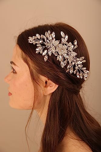 Wedding Silver Flower Leaf Crystal Rhinestone Hair Comb Teardrop Crystal Rhinestone Beads Hair Comb Wedding Hair Accessories for Women Girls