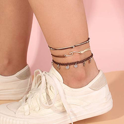 Waterproof String Anklets Cute Beaded Ankle Bracelets Beach Wave Anklet Stainless Steel Coin Boho Ankle Jewelry for Women - color: Brown